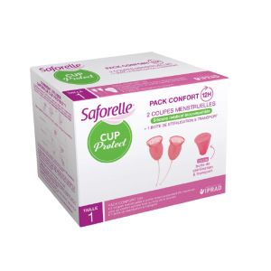 SAFORELLE Cup Protect Taille 1 Flux Léger - 2 Coupes Menstruelles + Boite de Stérilisation