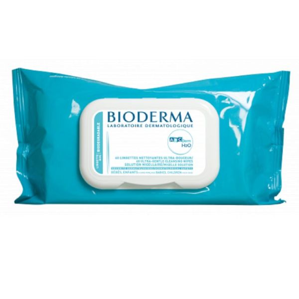 BIODERMA ABCDerm H2O 60 Lingettes Nettoyantes Ultra Douceur Biodégradables