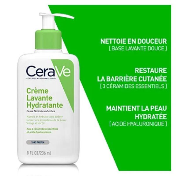 CERAVE Crème Lavante Hydratante 236ml - Corps et Visage - Peaux Normales à Sèches