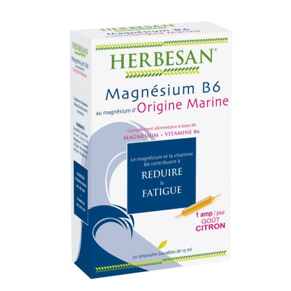 HERBESAN Magnésium Marin Vitamine B6, 20 Ampoules - Complément Alimentaire Réduction de la Fatigue