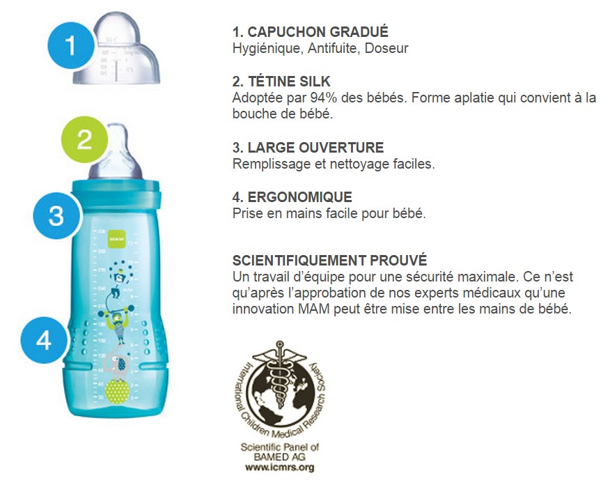 MAM - Biberons Easy Active 6+ mois (2 x 330 ml) Bleus – Lot de 2 biberons  avec tétine en silicone débit X vitesse ultra-rapide – Biberons pour bébé  avec fermeture hermétique : : Bébé et Puériculture