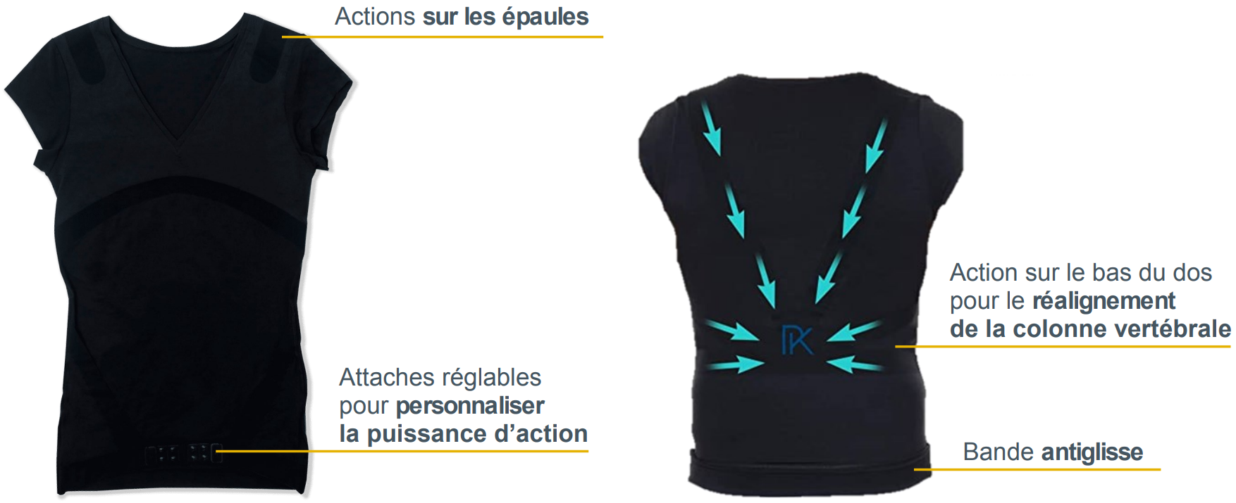 PERCKO LYNE UP Femme Noir T shirt Correcteur de Posture