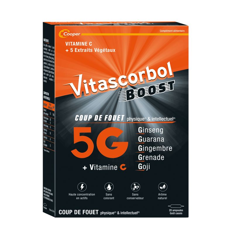 VITASCORBOL BOOST 5G 20 Ampoules Ginseng, Guarana, Gingembre, Grenade