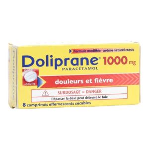 Doliprane 1000 mg, 8 comprimés effervescents sécables - Cassis