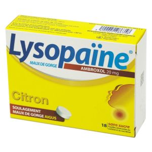 Lysopaïne Ambroxol Citron Maux de gorge, sans sucre -18 pastilles