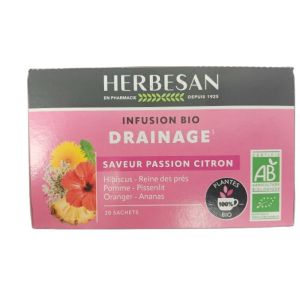 HERBESAN BIO DRAINANTE 20 Sachets de 1.5g - Hibiscus, Reine des Prés, Pomme, Pissenlit, Oranger, Ananas