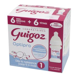 GUIGOZ 1 Optipro 6 Mini-Biberons de Lait Liquide 1er Age (0 à 6 Mois) Prêt à l' Emploi - 6x 70ml