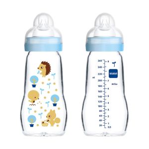 MAM Biberon en Verre Premium 260ml Ciel - 2 Mois et +, Tétine SkinSoft Débit 2 Moyen