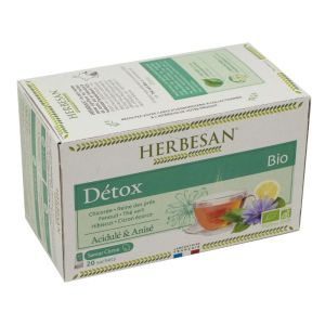 HERBESAN BIO DETOX 20 Sachets de 1.5g - Chicorée, Reine des Près, Fenouil, Thé Vert, Hibiscus, Citron Ecorce