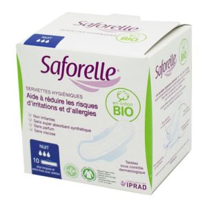 SAFORELLE Coton Protect 10 Serviettes Hygièniques NUIT en Coton Bio - Extra Fines, avec Ailettes