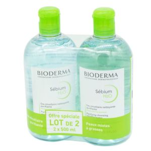BIODERMA Sébium H2O Lot 2x 500 ml - Solution Eau Micellaire Nettoyante Purifiante