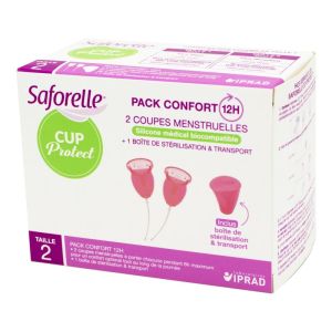 SAFORELLE Cup Protect Taille 2 Flux Abondant - 2 Coupes Menstruelles + Boite de Stérilisation