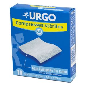 URGO Compresses Stériles Gaze 7.5 x 7.5 cm Bte/10 - Gaze Hydrophile Pur Coton  Sachet de 2