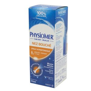 PHYSIOMER Nez Bouché Spray Hypertonique 135ml - Solution Nasale 100% Eau de Mer - Rhume, Rhinite