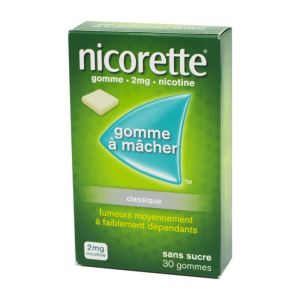 Nicorette 2 mg classique, sans sucre - 30 gommes à mâcher