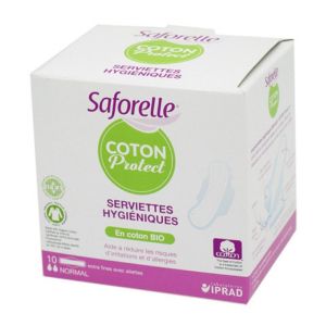 SAFORELLE Coton Protect 10 Serviettes Hygièniques NORMAL en Coton Bio - Extra Fines, avec Ailettes