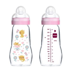 MAM Biberon en Verre Premium 260ml Bonbon - 2 Mois et +, Tétine SkinSoft Débit 2 Moyen