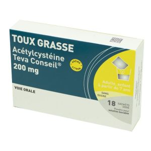 Acétylcystéine Teva Conseil 200 mg, poudre pour solution buvable -18 sachets