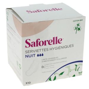 SAFORELLE Coton Protect 10 Serviettes Hygièniques NUIT en Coton Bio - Extra Fines, avec Ailettes
