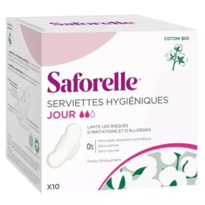 SAFORELLE Coton Protect 10 Serviettes Hygièniques NORMAL en Coton Bio - Extra Fines, avec Ailettes