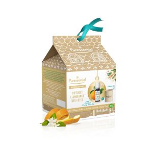 PURESSENTIEL Coffret Diffusez l' Ambiance des Fêtes Noël - 1 Diffuseur en Bois + 1 Huile Essentielle Bio Orange Douce 10ml