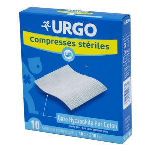 URGO Compresses Stériles Gaze 10 x 10 cm Bte/10 - Gaze Hydrophile Pur Coton 10 x 10 cm - Sachet de 2