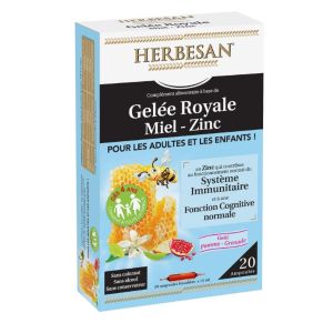 HERBESAN Bio Gelée Royale Miel Zinc 20 Ampoules - Complément Alimentaire Système Immunitaire