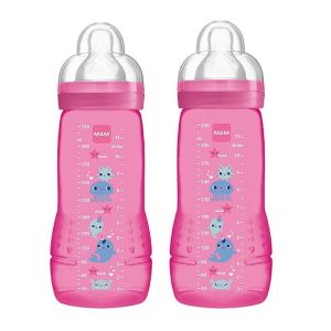 MAM 2 Biberons Easy Active + 6 Mois 330 ml Coloré Rose - Tétine Débit X