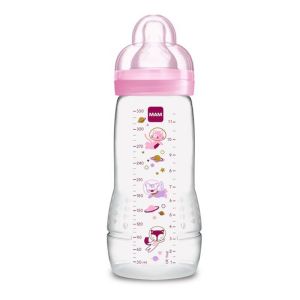 MAM Biberon Easy Active +6 Mois 330ml Transparent Bague Rose - Tétine Débit X