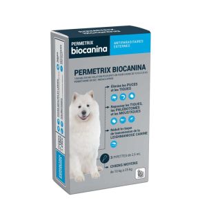 PERMETRIX 1250mg/250mg Chiens Moyens 10 à 25kg Pipettes 3x 2.5ml - Solution Spot-on Antiparasitaire Externe