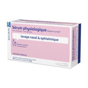 Sérum physiologique 0.9 % Biogaran - 40 unidoses de 5ml - Solution Nasale et Ophtalmique Stérile