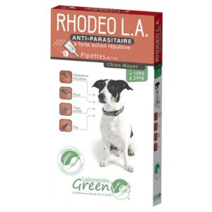 RHODEO L.A Chien Moyen de +10 à 25kg - 4 Pipettes de 3ml - Anti Parasitaire à Forte Action Répulsive