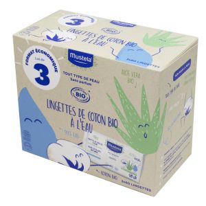 MUSTELA Lot de 3x 60 Lingettes de Coton BIO à l' Eau - Tous Type de Peau