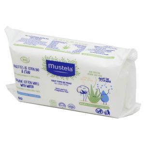 MUSTELA 60 Lingettes de Coton BIO à l' Eau - Tous Type de Peau