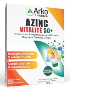 AZINC Vitalité 50+  30 Comprimés - 12 Vitamines, 8 Minéraux, Oligo-Eléments, Curcuma, Ginseng, Coenzyme Q10