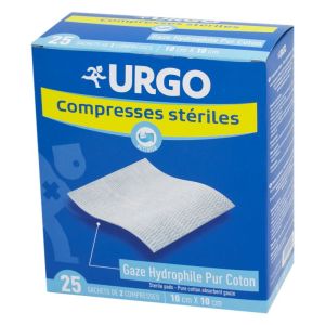 URGO Compresses Stériles Gaze 10 x 10 cm Bte/25 - Gaze Hydrophile Pur Coton 10 x 10 cm - Sachet de 2