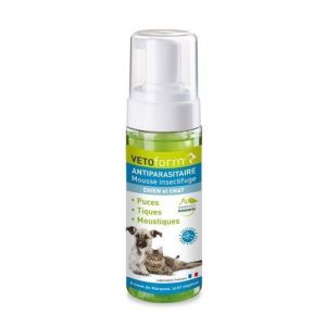 VETOFORM ANTIPARASITAIRE Mousse Insectifuge Chat Chien 150ml - Répulsif Puces, Tiques, Moustiques