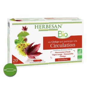 HERBESAN Bio Circulation 20 Ampoules - Complément Alimentaire Marronnier d'Inde, Vigne Rouge, Ginkgo