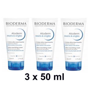 BIODERMA Atoderm Mains et Ongles 3x 50ml - Crème Ultra Nourrissante Mains Sèches et Abîmées