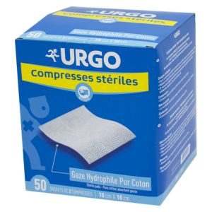 URGO Compresses Stériles Gaze 10 x 10 cm Bte/50 - Gaze Hydrophile Pur Coton 10 x 10 cm - Sachet de 2