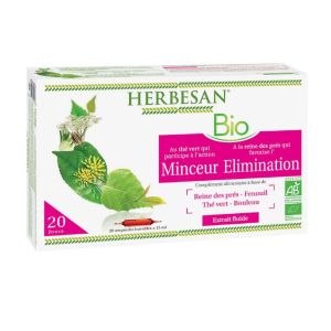 HERBESAN Bio Minceur Elimination 20 Ampoules - Complément Alimentaire Reine des Prés, Fenouil, Thé