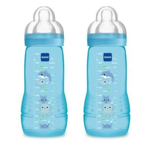 MAM 2 Biberons Easy Active + 6 Mois 330 ml Coloré Bleu - Tétine Débit X