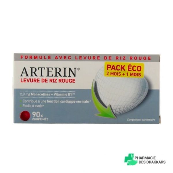 ARTERIN Levure de Riz Rouge 2.9mg de Monacolines 90 Comprimés - Contribue à une Fonction Cardiaque Normale - PACK ÉCO 2 MOIS + 1MOIS -