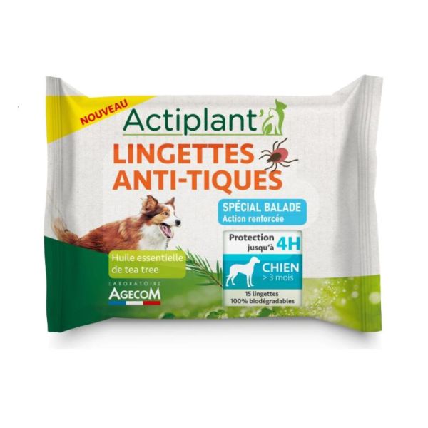 ACTIPLANT CHIEN 16 Lingettes Anti Tiques - Spécial Balade - Protection Jusqu' à 4 Heures - Tea Tree, Aloe Vera