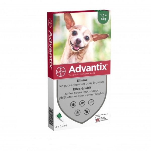 ADVANTIX TRES PETIT CHIEN Jusqu' à 4kg - Spot-on Pipette - Bte/4 x 0.4ml - BAYER SANTE ANIMALE