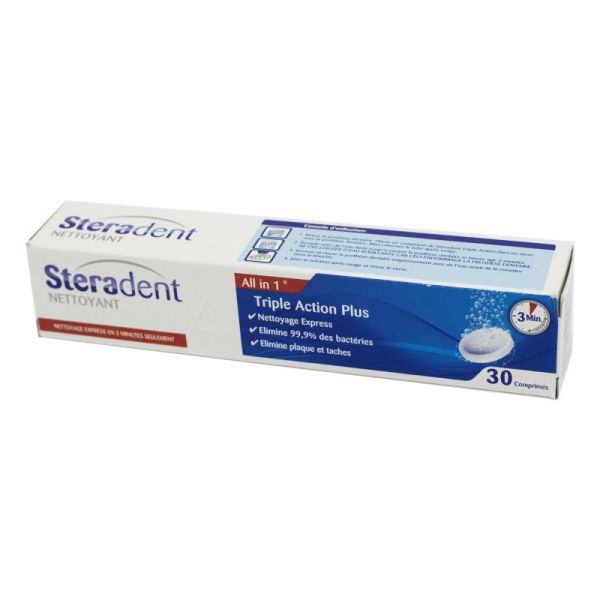 STERADENT NETTOYANT TRIPLE ACTION PLUS Bte/30 - Nettoyage des Appareils Dentaires All in 1 - Nettoya