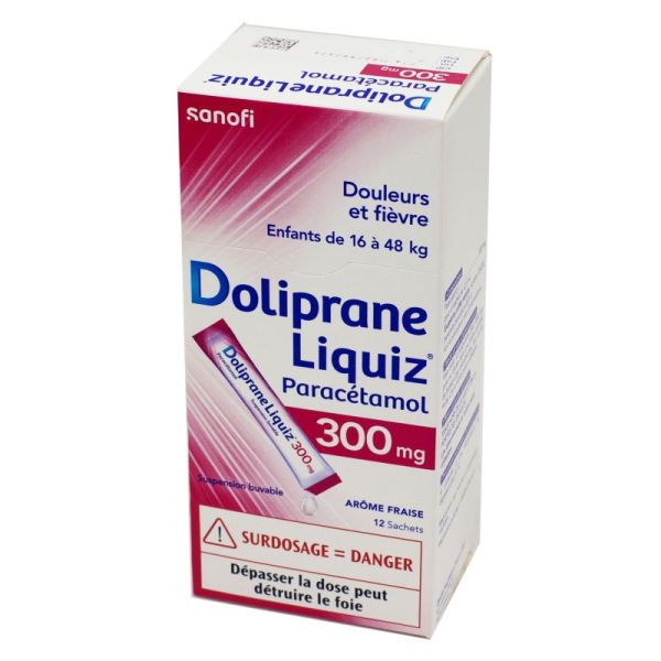 DolipraneLiquiz 300 mg  12 sachets sans sucre - Arôme Fraise