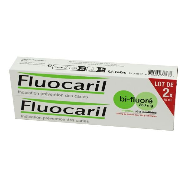 Fluocaril Bifluoré 250 mg Menthe, pâte dentifrice - Lot de 2 tubes 75 ml
