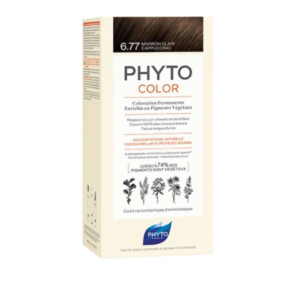 PHYTOCOLOR 6.77 Marron Clair Cappuccino - Kit de Coloration Permanente Enrichie en Pigments Végétaux