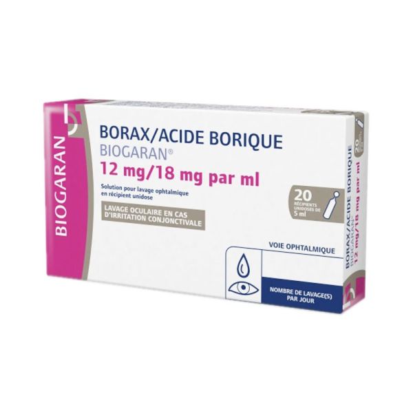 Borax/Acide Borique Biogaran 12 mg/18 mg/ml, lavage ophtalmique,20 unidoses